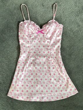 Y2K Ouchhh Hello Kitty Print Satin Chemise Slip Babydoll Dress LV Print McBling